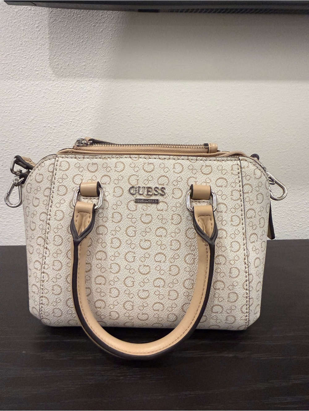GUESS Beige Monogram Small Satchel with Tan Handles